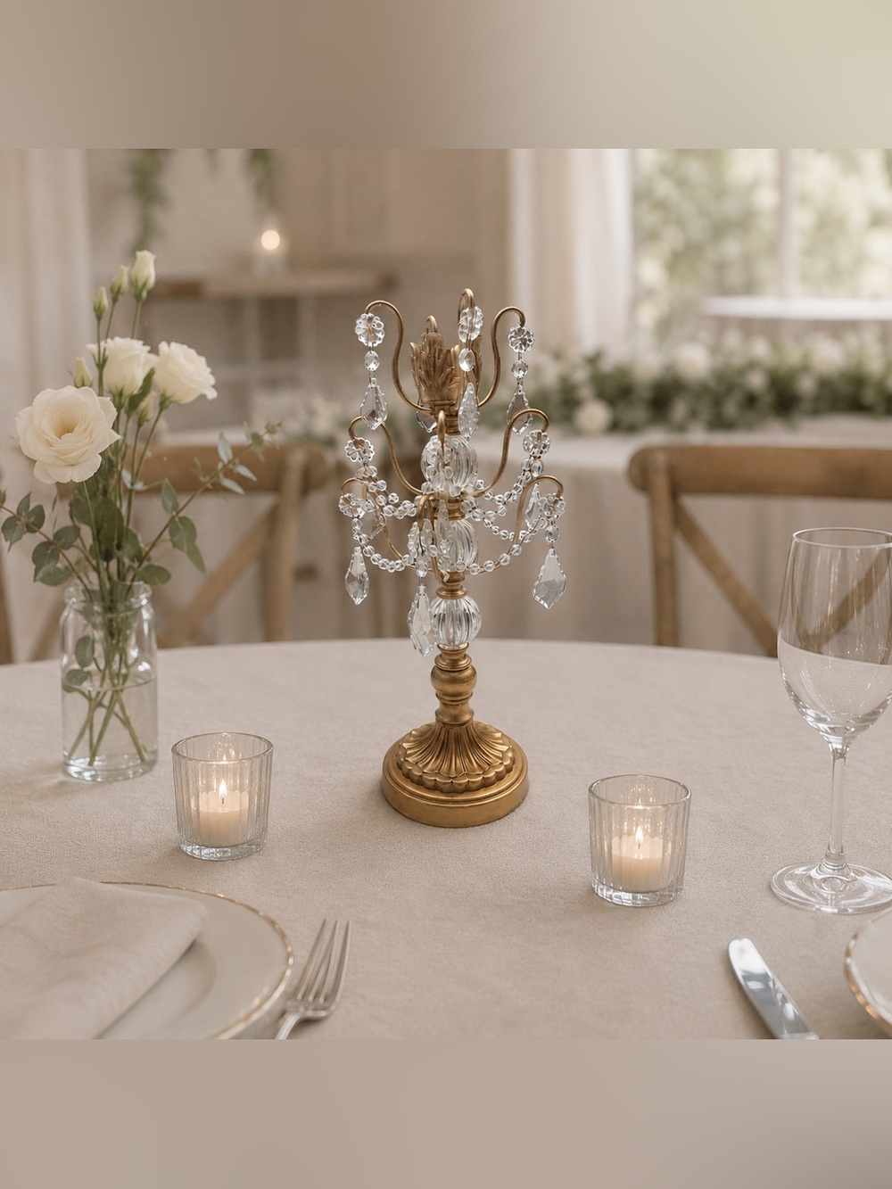 Vintage Glam Wedding Centerpiece Candle Holder w/Crystal Gems.